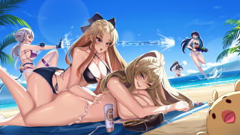 5girls absurdres all_fours alternate_breast_size_(larger) alternate_costume applying_sunscreen azur_lane bare_shoulders beach beach_mat beach_towel bell_(azur_lane) bikini black_bag black_bikini black_bow black_hair blue_eyes blue_hair blue_sky bow breasts brown_hair cleavage collarbone commentary criss-cross_halter dress dutch_angle english_commentary feet_out_of_frame full_body glasgow_(azur_lane) hair_between_eyes hair_bow halterneck highres holding holding_water_gun huge_breasts large_breasts lion_(azur_lane) lion_(the_reclining_dandelion)_(azur_lane) long_hair lotion_bottle lying manjuu_(azur_lane) mechanical_hands medium_breasts multiple_girls navel ocean official_alternate_costume on_stomach one_eye_closed open_mouth outdoors palm_tree ponytail purple_bikini purple_hair reno_(azur_lane) sand see-through_clothes see-through_dress sky sundress swimsuit teeth thigh_strap towel tree twintails untied_bikini_top upper_teeth_only vanguard_(azur_lane) very_long_hair water_gun water_stream white_bikini yellow_eyes zer0z_vi