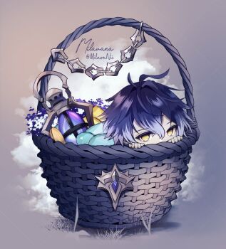 1boy basket blue_hair commentary flins_(genshin_impact) genshin_impact grey_background in_basket in_container lantern looking_at_viewer male_focus milavana peeking_out signature solo twitter_username yellow_eyes