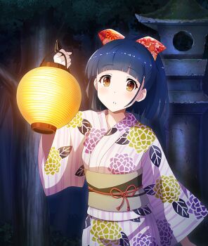 Rule 34 | 1girl, arm up, blue hair, blunt bangs, blunt ends, bow, brown sash, cowboy shot, dot nose, floral print, floral print kimono, game cg, hair bow, holding, holding lantern, japanese clothes, kimono, lantern, long sleeves, looking at viewer, nakano jun, night, obi, official art, orange eyes, outdoors, paper lantern, parted lips, pinstripe kimono, pinstripe pattern, print bow, print kimono, purple kimono, red bow, sash, short hair, sidelocks, solo, stone lantern, striped clothes, striped kimono, teeth, third-party source, toji no miko, toji no miko: kizamishi issen no tomoshibi, tree, vertical-striped clothes, vertical-striped kimono, yukata