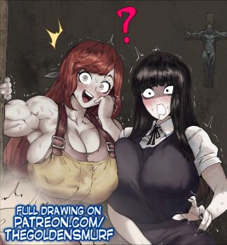 2girls ? abella_(fear_&amp;_hunger) alternate_breast_size_(larger) artist_name bare_arms bare_shoulders black_eyes black_hair black_nails black_ribbon blush breasts brown_eyes brown_tank_top cleavage commentary covered_erect_nipples cross crucifix dress english_commentary fear_&amp;_hunger_(series) fear_&amp;_hunger_2:_termina hand_on_own_cheek hand_on_own_face huge_breasts long_hair multiple_girls neck_ribbon open_mouth overalls paid_reward_available patreon_username pinafore_dress red_hair ribbon samarie_(fear_&amp;_hunger) shirt sleeveless sleeveless_dress smile sweat tank_top the_golden_smurf white_shirt yellow_overalls