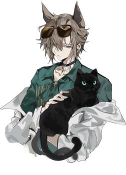 Rule 34 | 1boy, 1girl, animal, animal ears, arknights, black cat, black choker, brown-tinted eyewear, brown hair, cat, cat ears, choker, collared shirt, cropped torso, eyewear on head, green shirt, hair over one eye, highres, holding, holding animal, jacket, material growth, miss christine (arknights), muki (muki kunxd), off shoulder, oripathy lesion (arknights), phantom (arknights), shirt, short hair, sketch, sunglasses, tinted eyewear, tragodia (arknights), unfinished, white jacket, yellow eyes