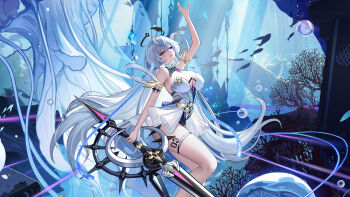 1girl absurdres artist_request breasts cleavage coral dress echocalypse fish halo highres holding holding_sword holding_weapon large_breasts mole mole_under_eye number_tattoo official_art parted_lips purple_eyes solo suri_(echocalypse) sword tattoo thigh_strap weapon white_dress white_hair