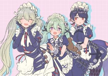 3girls :d ^_^ alexandrina_sebastiane apron black_hair blush closed_eyes colored_inner_hair commentary_request corin_wickes cowboy_shot dress ellen_joe facing_viewer fins fish_tail frilled_apron frills green_hair grey_hair grid_background hair_between_eyes hands_on_own_chin highres looking_at_viewer maid maid_apron maid_headdress mole mole_under_eye multicolored_hair multiple_girls open_mouth pale_color parted_lips puffy_sleeves purple_eyes red_eyes shark_girl shark_tail shiro_chan46 smile spiked_headband tail twintails white_apron white_headdress zenless_zone_zero