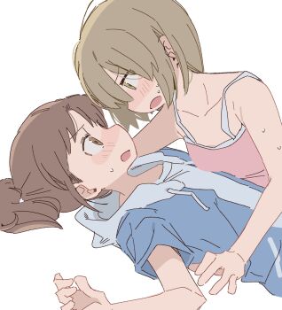 2girls bare_arms blue_hoodie blush brown_eyes brown_hair camisole city_(arawi_keiichi) commentary drawstring highres hood hoodie long_hair multiple_girls nagumo_midori niikura_(city) open_mouth pink_camisole ponytail short_hair simple_background sweat white_background wichimi yuri