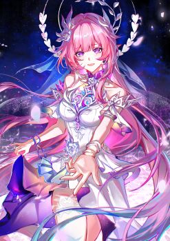 1girl absurdres bare_shoulders breasts cyrene_(honkai:_star_rail) cyrene_(ripples_of_past_reverie)_(honkai:_star_rail) diamond-shaped_pupils diamond_(shape) dress floating_hair flower hair_flower hair_ornament highres honkai:_star_rail honkai_(series) long_hair offering_hand pink_hair pointy_ears purple_eyes qiaose33912 smile solo symbol-shaped_pupils very_long_hair white_dress