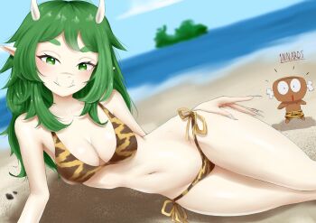1girl 1nnards 3am animal_print beach bikini blood bone boned_meat breasts cavewoman cleavage fangs food green_eyes green_hair highres legs lying meat meat_(vtuber) medium_breasts nosebleed notched_ear ocean on_side outdoors pointy_ears sand swimsuit thighs tiger_print virtual_youtuber water