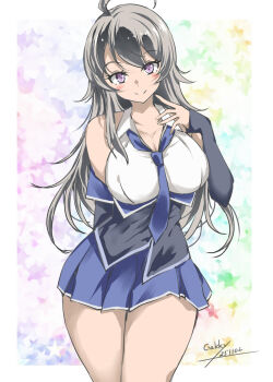 1girl ahoge artist_name bare_legs barefoot black_jacket blue_necktie blue_skirt breasts collared_shirt cowboy_shot dated dress_shirt gakky grey_eyes grey_hair highres jacket kantai_collection large_breasts long_hair looking_at_viewer necktie pleated_skirt shirt skirt sleeveless sleeveless_shirt solo washington_(kancolle) white_shirt