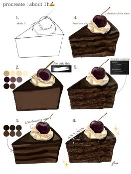 cake cake_slice cherry chocolate_cake color_guide commentary english_commentary english_text fine_9725 food food_focus fruit highres no_humans original white_background