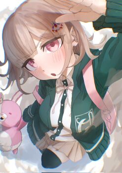 1girl amaruru0723 blush breasts brown_hair collared_shirt commentary_request danganronpa_(series) danganronpa_2:_goodbye_despair flipped_hair green_jacket hair_ornament highres hood jacket long_sleeves looking_at_viewer medium_hair monomi_(danganronpa) nanami_chiaki neck_ribbon open_clothes open_jacket pink_eyes pink_ribbon pleated_skirt ribbon shirt skirt thighhighs white_shirt