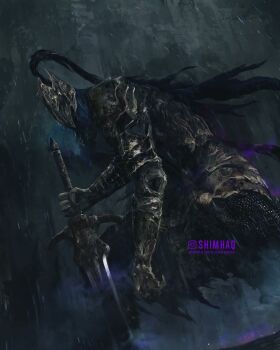 1boy armor artorias_the_abysswalker blue_cloak cape cloak dark_souls_(series) dark_souls_i full_armor gauntlets greatsword helmet highres holding holding_sword holding_weapon hunched_over instagram_username knight male_focus plume shimhaq solo sword torn_cape torn_clothes weapon