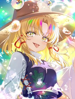 1girl absurdres adjusting_clothes adjusting_headwear arm_up blonde_hair blue_background blurry blurry_background commentary_request eye_on_hat eyelashes floral_print_vest hair_ribbon highres looking_at_viewer medium_hair moriya_suwako print_vest purple_skirt purple_vest red_ribbon ribbon shirt sidelocks simple_background skirt solo splashing teeth tongue tongue_out torikaze785 touhou upper_teeth_only vest water_drop white_shirt