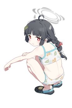 1girl absurdres ass bikini black_hair blue_archive braid commentary_request from_behind fuyubone grey_halo halo highres leaf leaf_on_head leaf_print long_hair looking_back miyu_(blue_archive) miyu_(swimsuit)_(blue_archive) official_alternate_costume print_bikini red_eyes sandals simple_background solo squatting swimsuit twin_braids white_background white_bikini