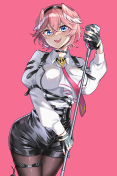 1girl absurdres ascot black_choker black_gloves black_hairband black_pantyhose black_shorts blue_eyes breast_zipper breasts chest_harness choker commentary_request contrapposto cowboy_shot double-parted_bangs dress_shirt fingerless_gloves gloves hair_between_eyes hairband harness head_wings high-waist_shorts highres holding holding_microphone hololive large_breasts leather_shorts long_sleeves looking_at_viewer microphone minatasiro necktie open_mouth pantyhose pink_background pink_hair pink_wings red_necktie shiny_clothes shirt short_hair shorts simple_background sleeve_garter solo takane_lui takane_lui_(1st_costume) teeth thigh_strap upper_teeth_only v-shaped_eyebrows virtual_youtuber white_ascot white_shirt wide_hips wings