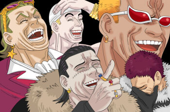 5boys adam's_apple black_hair charlotte_katakuri crocodile_(one_piece) donquixote_doflamingo earrings enel facepalm gild_tesoro hair_slicked_back hand_on_own_head jewelry laughing laughing_tom_cruise_(meme) male_focus manly mature_male meme mg_cls multiple_boys multiple_rings one_piece one_piece_film:_gold pale_skin pointing pointing_forward ring scar scar_on_face scar_on_nose short_hair sideburns stitches thick_neck tom_cruise upper_body veiny_face wrinkled_skin