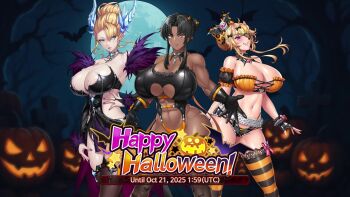 Rule 34 | 3girls, 60fps, abs, abs cutout, action taimanin, alternate costume, animal print, animated, aoi nagisa (metalder), ass, audible music, audible speech, bat (animal), bat print, bouncing breasts, breasts, bridge, building, city, cleavage, cleavage cutout, clothing cutout, collar, dark-skinned female, dark skin, dead tree, demon girl, demon horns, english text, eyepatch, flying, forest, francis (taimanin asagi), full moon, g-string, glowing, gremory games, grin, halloween, halloween bucket, halloween costume, highres, horns, huge ass, huge breasts, jack-o'-lantern, japanese audio, jewelry, jumping, lilith-soft, long hair, looking at viewer, mirabell bell, monster girl, moon, multiple girls, muscular, muscular arms, muscular female, muscular legs, nature, navel, necklace, night, obui, official alternate costume, official art, oni, pumpkin, purple moon, ragnarok sinmara, saijou satoru, shiny skin, skyscraper, smile, sound, stomach cutout, taimanin (series), thick thighs, thighs, thong, tombstone, tree, underboob, underboob cutout, very dark skin, video, whale tail (clothing), wide hips, wings