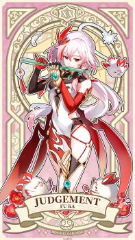 Rule 34 | 1girl, absurdres, benghuai xueyuan, birthday, character name, chinese clothes, chinese commentary, commentary request, copyright name, copyright notice, dress, english text, flower, flute, fu hua, fu hua (phoenix), highres, holding, holding flute, holding instrument, homu (honkai impact), honkai (series), instrument, jingwei (bird), long hair, music, official art, pelvic curtain, playing instrument, plum blossoms, red eyes, red flower, solo, tassel, white dress, white hair