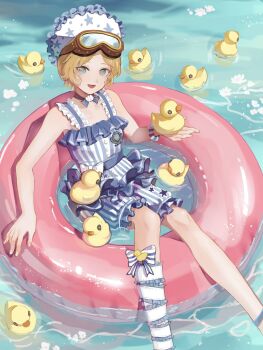1girl :d afloat black_choker blonde_hair blue_eyes bonnet bow bow_choker choker feet_out_of_frame goggles goggles_on_head hanaochi_pic highres holding_rubber_duck identity_v looking_at_viewer official_alternate_costume old_school_swimsuit one-piece_swimsuit open_mouth rubber_duck school_swimsuit shell short_hair single_sock smile socks solo striped_bow striped_clothes striped_one-piece_swimsuit swim_ring swimsuit tracy_reznik tracy_reznik_(re-swim) vertical-striped_clothes vertical-striped_one-piece_swimsuit water