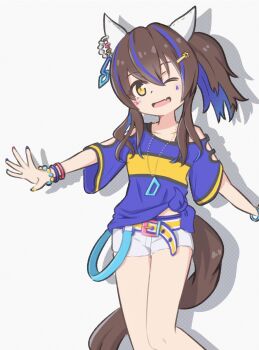 1girl ;d amekaji_gyaru animal_ears bead_bracelet beads belt blue_hair blue_shirt bracelet brown_hair commentary cowboy_shot cutoffs daitaku_helios_(fun_fun_party_night)_(umamusume) daitaku_helios_(umamusume) ear_covers facial_tattoo fang gyaru hair_between_eyes hair_ornament hairclip highres horse_ears horse_girl horse_tail jewelry koshiba_taiyaki long_hair looking_at_viewer midriff_peek multicolored_hair multicolored_nails necklace one_eye_closed open_mouth shadow shirt short_sleeves shorts skin_fang smile solo star_(symbol) star_tattoo streaked_hair tail tattoo tied_shirt umamusume white_background white_shorts yellow_belt yellow_eyes