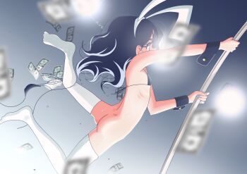 1girl animal_ears ass blurry bottomless character_name fake_animal_ears female_focus flat_chest highres lara_(peroperoblue) loli long_hair micro_bikini_top money original pero_(gessoyo) pole pole_dancing rabbit_ears solo stage_lights thighhighs unworn_bikini_bottom white_thighhighs