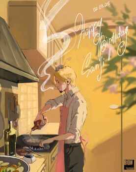 1boy apron blonde_hair bottle character_name cigarette collared_shirt commentary cooking dated english_commentary facial_hair frying_pan goatee happy_birthday highres holding holding_bottle holding_frying_pan mouse_on_head one_piece onex1x pink_apron profile sanji_(one_piece) shirt short_hair smoke sunset upper_body watermark