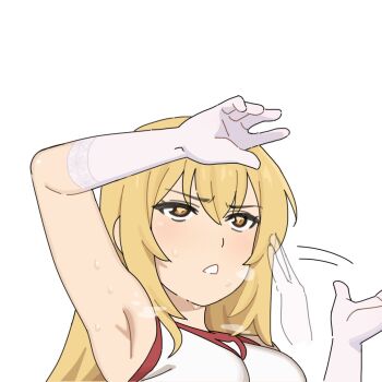 1girl arm_above_head arm_up armpit_focus armpits blonde_hair breasts elbow_gloves fanning_self gloves hair_between_eyes hair_ornament half-closed_eyes hot large_breasts long_hair parted_lips shirt shokuhou_misaki sleepy_frippy solo sports_uniform star-shaped_pupils star_(symbol) sweat symbol-shaped_pupils teeth toaru_kagaku_no_railgun toaru_majutsu_no_index tokiwadai_school_gym_uniform white_gloves yellow_eyes