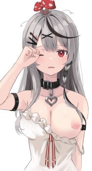 1girl absurdres armband armpits bare_shoulders black_armband black_choker black_hair braid breasts choker cleavage commentary_request dot_nose frills grey_hair hair_between_eyes hair_ornament heart heart_choker highres hololive large_breasts light_blush long_hair looking_at_viewer multicolored_hair mushroom_on_head nipples one_eye_closed open_mouth red_eyes red_ribbon ribbon sakamata_chloe sakamata_chloe_(1st_costume) saliva simple_background sleepy tonton_utaro virtual_youtuber x_hair_ornament