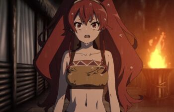1girl alternate_costume alternate_hairstyle breasts eris_greyrat fire highres long_hair looking_at_viewer medium_breasts midriff mushoku_tensei navel open_mouth rain red_eyes red_hair serious solo stitched tank_top teeth third-party_edit toned tongue twintails wet