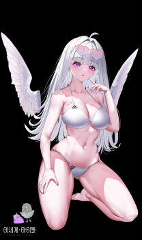 1girl absurdres ahoge angel_wings bare_arms bare_legs bare_shoulders barefoot bikini black_background blush breasts cleavage collarbone eyewear_on_head feathered_wings feet full_body halterneck hand_on_own_thigh hand_up heart heart-shaped_eyewear highres ine_(vtuber) kneeling korean_commentary large_breasts long_hair looking_at_viewer making-of_available nail_polish navel purple_eyes simple_background solo stomach sunglasses swimsuit thighs virtual_youtuber waktaverse white_bikini white_hair white_wings wings yeon_do_e