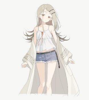 1girl aru_(purepur8) bare_shoulders belt black_belt blonde_hair blue_shorts camisole closed_mouth collarbone cropped_legs denim denim_shorts earrings feet_out_of_frame flat_chest flipped_hair gakuen_idolmaster grey_hair hair_ornament hairclip highres idolmaster jewelry long_hair long_sleeves looking_at_viewer midriff off_shoulder open_clothes open_robe orange_eyes orange_ribbon parallel_hairclips parted_bangs ribbon robe rope_belt shinosawa_hiro short_shorts shorts simple_background solo standing stud_earrings white_background white_camisole white_robe wide_sleeves