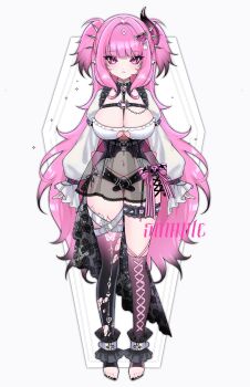 1girl :&lt; absurdres asymmetrical_legwear belt black_belt black_choker black_nails black_skirt black_thighhighs blunt_bangs breasts buckle chest_harness choker closed_mouth colored_tips commentary ear_piercing english_commentary full_body gradient_thighhighs grey_belt hair_intakes hair_ornament harness heart heart_hair_ornament highres horns large_breasts long_hair long_sleeves looking_at_viewer mismatched_legwear multicolored_hair nail_polish navel original piercing pink_eyes pink_hair pointy_ears puffy_sleeves saga666 sample_watermark see-through_clothes see-through_skirt shirt simple_background single_horn skirt sleeves_past_wrists solo spiked_choker spikes stirrup_legwear thigh_belt thigh_strap thighhighs toeless_legwear toenail_polish toenails toes two_side_up very_long_hair watermark white_background white_shirt