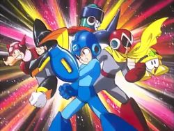 1girl 6+boys angry animated arm_cannon bass_(mega_man) battle beard blonde_hair blue_eyes capcom centaur_man charge_man cut_man dog dr._light_(mega_man) dr._wily_(mega_man) duo_(mega_man) facial_hair flying freeze_man game_console grin guts_man gyro_man lowres mecha_dragon_(mega_man) mechanical_arms mega_man_(character) mega_man_(classic) mega_man_(series) mega_man_8 multiple_boys mustache pharaoh_man proto_man quick_man red_skirt robot_ears robots rock_(rockman) roll_(mega_man) rush_(mega_man) scarf serious shade_man single_mechanical_arm skirt skull_man smile snake_man sound spark_man title tomahawk_man video weapon wings wood_man yellow_devil_(mega_man)
