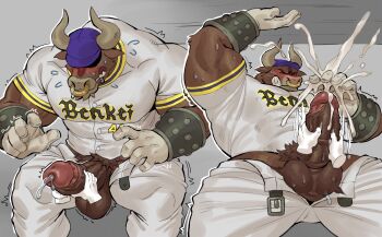 1boy adiosarts bara baseball_cap baseball_uniform belt blush closed_eyes commentary cow_boy cum disembodied_hand ejaculation english_commentary face_piercing furry furry_male girthy_penis gloves handjob hat highres horns male_focus musashibou_benkei_(yaiba) muscular muscular_arms muscular_male nose_piercing nose_ring open_belt open_fly penis penis_out piercing precum solo_focus sportswear testicles two-handed_handjob yaiba