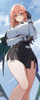1girl absurdres belt black-framed_eyewear black_gloves black_skirt breasts brown_eyes brown_hair closed_mouth cloud earrings eucha glasses gloves hair_between_eyes high-waist_skirt highres hourglass_earrings jewelry large_breasts legs long_sleeves looking_down shirt short_hair skirt sky smile solo strap tsukishiro_yanagi white_shirt zenless_zone_zero