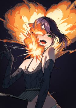 1girl 70m4444 absurdres apron black_apron black_background black_gloves breasts chainsaw_man dynamite elbow_gloves explosion explosive gloves green_eyes highres navel open_mouth panties purple_hair reze_(chainsaw_man) small_breasts solo teeth tongue underwear upper_teeth_only white_panties