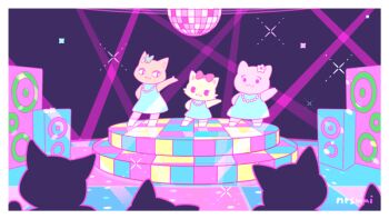3girls :3 animated animated_gif bead_necklace beads blue_bow blue_dress border bow cat dancing disco_ball dress flower furry furry_female hair_flower hair_ornament jewelry lights looping_animation mai_narushima multiple_girls necklace original pink_bow signature sparkle speaker stage white_border
