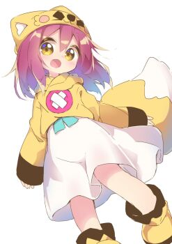 Rule 34 | 1girl, :d, animal ear fluff, ankle boots, blush, boots, commentary request, dutch angle, foot out of frame, fox hat, fox tail, hair between eyes, hat, highres, hood, hood down, hoodie, long sleeves, looking at viewer, medium hair, nipeira, open mouth, original, pink hair, simple background, skirt, sleeves past wrists, smile, solo, tail, tareme, white background, white skirt, yellow boots, yellow eyes, yellow hat, yellow hoodie, yuzuwa-chan