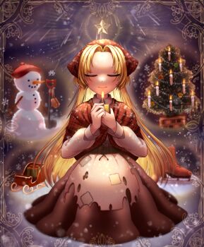 1girl andersen's_fairy_tales blonde_hair candle capelet christmas closed_eyes closed_mouth commentary_request dress gift highres holding_matchstick ice_skates kneeling little_match_girl maria_robotnik patchwork_clothes plaid_capelet plaid_clothes red_capelet shovel skates sled smile snowman solo sonic_(series) star_(symbol) user_murh4374