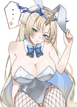 ... 1010_(wuthering1010) 1girl absurdres alternate_costume anger_vein animal_ear_hairband animal_ears bare_shoulders blonde_hair blue_eyes blue_hair blush breasts colored_inner_hair commentary_request crown_of_thorns earrings fake_animal_ears fishnet_pantyhose fishnets fleurdelys_(wuthering_waves) floating_earrings hairband highres horns huge_breasts jewelry leotard long_hair looking_at_viewer multicolored_hair pantyhose parted_lips playboy_bunny pointy_ears rabbit_ear_hairband rabbit_ears sidelocks simple_background single_horn solo spoken_anger_vein spoken_ellipsis thigh_gap thighs very_long_hair white_background white_leotard wuthering_waves yellow_horns