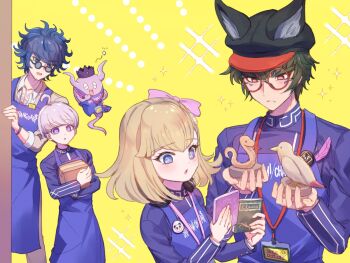 1girl 3boys animal_ears animal_hat apron bird black_hat blonde_hair blue_apron blue_eyes blue_hair blue_jacket book bow box newsboy_cap cardboard_box closed_mouth collared_shirt commentary_request fake_animal_ears glasses green_hair hair_between_eyes hair_bow hat holding holding_book holding_box jacket lanyard long_sleeves master_detective_archives:_rain_code mokugyo multiple_boys open_mouth peeking_out pink_bow pucci_lavmin purple_eyes purple_hair red_eyes round_eyewear shinigami_(ghost)_(rain_code) shinigami_(rain_code) shirt short_hair snake statue uniform upper_body village_vanguard yakou_furio yellow_background yuma_kokohead zilch_alexander