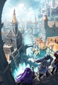 1boy bridge building capelet city cityscape day elf facing_away fern_(sousou_no_frieren) frieren from_behind grey_hair highres holding holding_staff jacket long_hair mage_staff multiple_girls outdoors pointy_ears purple_hair red_jacket sanmen_(threeface_il) scenery sousou_no_frieren staff stark_(sousou_no_frieren) tower twintails weapon weapon_on_back white_capelet white_hair