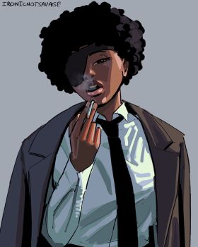 1girl afro alternate_hairstyle alternate_skin_color between_fingers black_hair black_necktie blowing_smoke chainsaw_man cigarette collared_shirt commentary dark-skinned_female dark_skin darkened_skin english_commentary eyepatch formal_clothes half-closed_eyes hand_up highres himeno_(chainsaw_man) holding holding_cigarette ironicnotsavage jacket jacket_on_shoulders lips looking_at_viewer necktie open_mouth shirt short_hair simple_background smoke smoking solo suit_jacket teeth upper_body upper_teeth_only very_dark_skin white_shirt