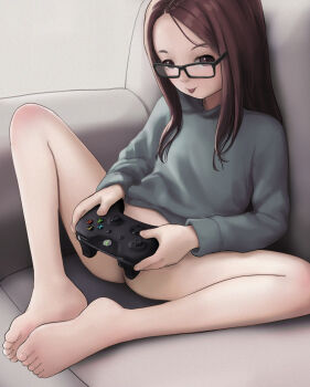 1girl ass barefoot black_eyes black_hair bottomless controller convenient_censoring feet glasses kuroshiro00 loli long_hair looking_at_viewer no_panties original sitting soles solo spread_legs thighs toes tongue tongue_out