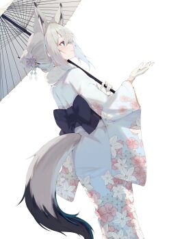 1girl absurdres animal_ears azur_lane blue_eyes clothing_cutout commentary floral_print flower fox_ears fox_girl fox_tail fur-trimmed_kimono fur_trim gloves hair_bun hair_flower hair_ornament highres holding holding_umbrella japanese_clothes kawakaze_(azur_lane) kimono looking_to_the_side natsuki_(natsu_1936) obi oil-paper_umbrella sash shirt short_hair sidelocks simple_background solo tail tail_through_clothes umbrella white_background white_gloves white_kimono white_shirt white_umbrella