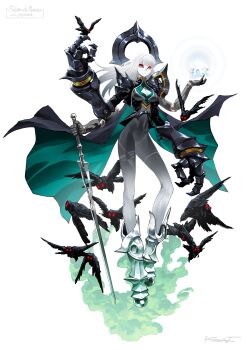 1girl absurdres black_bodysuit bodysuit breasts cleavage_cutout clothing_cutout colored_skin covered_navel creature cryptid crystal_skull extra_arms fewer_digits flatwoods_monster full_body highres kent_(innuendo666) long_arms long_legs looking_at_viewer medium_breasts mixed-language_commentary monster_girl mothman nazca_lines original oversized_forearms oversized_limbs red_eyes signature solid_eyes white_background white_hair white_skin