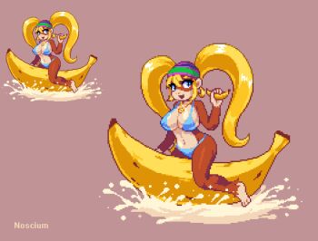 1girl artist_name banana beanie bikini blonde_hair blue_eyes breasts cleavage donkey_kong_(series) donkey_kong_64 feet food fruit furry hat jewelry large_breasts long_hair monkey monkey_girl navel necklace nintendo noscium pixel_art shiny_skin smile swimsuit thighs tiny_kong toes twintails
