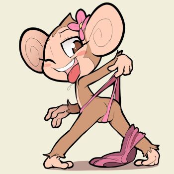 1girl animal_ears ass blush brown_eyes unworn_clothes flower flower_on_head furry itsunknownanon loli looking_back meemee_(super_monkey_ball) monkey monkey_ears monkey_girl one_eye_closed panties removing_panties saliva sega skirt unworn_skirt tongue underwear wink