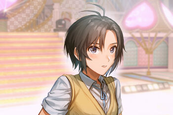 1girl antenna_hair blue_eyes blush collared_shirt derivative_work highres idolmaster idolmaster_million_live! idolmaster_million_live!_theater_days kikuchi_makoto looking_at_viewer mihen parted_bangs ribbon screenshot_redraw shirt sidelocks solo stage vest