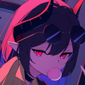 1girl alternate_costume alternate_hair_length alternate_hairstyle backlighting black_choker black_hair blowing_bubble_gum blue_archive brown_shirt chewing_gum chiaki_(blue_archive) choker collared_shirt commentary_request cropped demon_horns eyewear_on_head glowing glowing_eyes hair_between_eyes horns looking_at_viewer pointy_ears red_eyes round_eyewear s_panda_k shirt short_hair solo tinted_eyewear