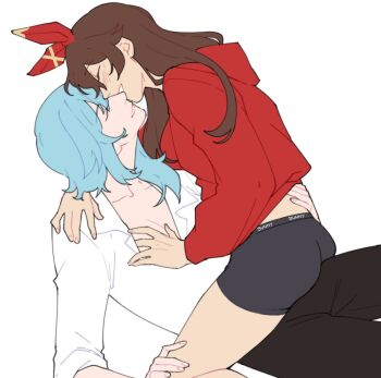 Rule 34 | 2girls, amber (genshin impact), archived source, black pants, blue hair, blush, bow, boxers, breasts, brocoliholy, cleavage, closed eyes, clothes lift, collarbone, collared shirt, english text, eula (genshin impact), genshin impact, hair bow, hand on another's chest, hand on another's leg, hand on another's shoulder, head under another's clothes, highres, hood, hoodie, long hair, looking up, male underwear, medium hair, multiple girls, pants, parted lips, partially unbuttoned, red bow, red hoodie, shirt, sleeves rolled up, smile, straddling, under another's clothes, underwear, white background, white shirt, yuri