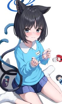1girl absurdres aged_down alternate_costume animal_ear_fluff animal_ears ankle_socks black_hair black_nails blue_archive blue_shirt blue_skirt blush bob_cut cat&#039;s_cradle cat_ears cat_girl cat_tail closed_mouth grey_eyes highres holding holding_string horns kikyou_(blue_archive) kindergarten_uniform kurone_(kurone_ryuo) looking_at_viewer multiple_tails parted_bangs red_hair renge_(blue_archive) shirt single_horn sitting skirt socks solo string tail tears two_tails wariza white_socks